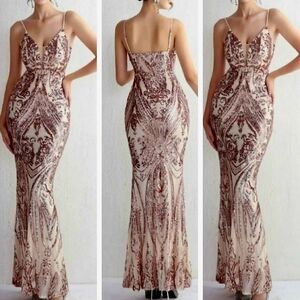 Gold, Graphic Print, Sleeveless,  Backless,  V Neck, Sequined Mermaid Gown